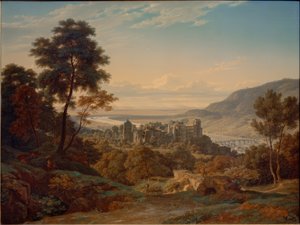 Heidelberg, slott och stad från öster med utsikt över Rhenslätten