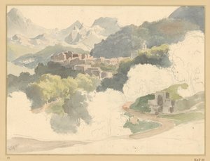 Italienskt bergslandskap med en ort i mellanpartiet av Ernst Fries