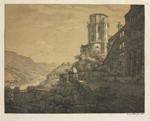 Sex utsikter över Heidelbergs slott: Gård, vid ingången, 1820.
