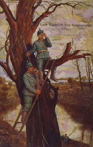 Goda nyheter för högkvarteret, tyska soldater som observerar slagfältet och rapporterar till högkvarteret via en fälttelefon, första världskriget, 1915