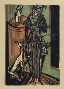 Dam med hund. Ur: Katalog över utställningen av kläder från fru Euckens broderiateljé i Bremen av Ernst Ludwig Kirchner