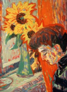 Kvinnans huvud framför solrosor av Ernst Ludwig Kirchner