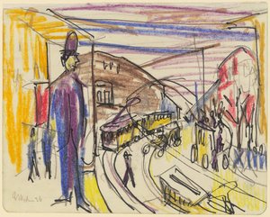 Stadsgata med spårvagnar av Ernst Ludwig Kirchner