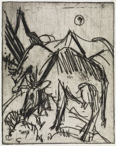 Kor som betar i månskenet/Två pojkar som leker med en katt av Ernst Ludwig Kirchner