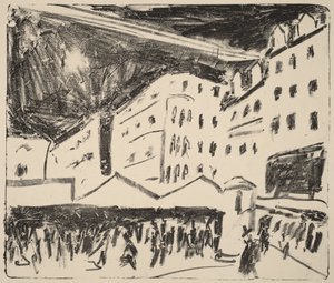 Altmarkt i Dresden med marknad (Der Altmarkt in Dresden mit Jahrmarkt) av Ernst Ludwig Kirchner