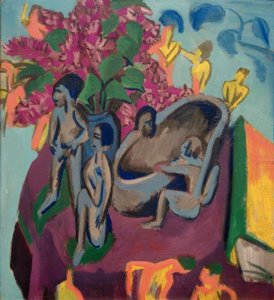 Stilleben med skulpturer och blommor av Ernst Ludwig Kirchner