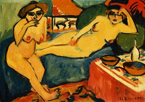 Två nakenbilder på en blå soffa; Två nakenbilder på blå soffa, ca 1910-1920