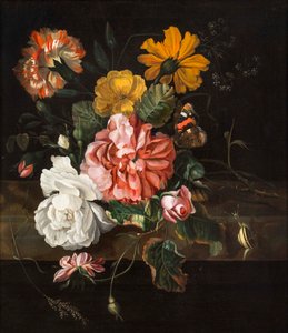 Rosor med en fjäril, blåflaska och en snigel på en stenavsats