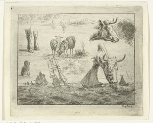 Studieblad med havsbild, två kohuvuden, får, en hund och två ben av Ernst Willem Jan Bagelaar