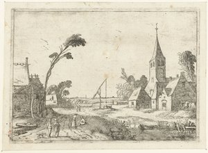 Byutsikt med gårdar, kyrka och brunn Liggande landskap (serietitel) av Esaias van de Velde