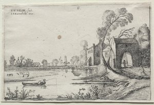 Landskap med en flod och ett porthus av Esaias van de Velde