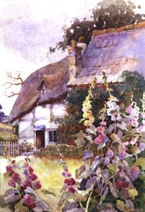 Stokrosor utanför en stuga med halmtak (akvarell) av Ethel Davies