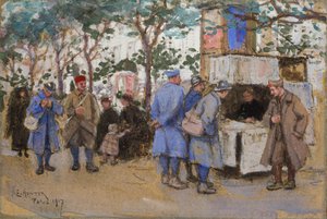 Soldater vid en tidningskiosk, Paris 1917 av Ethel Hunter