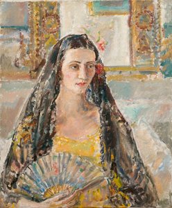 Dam med solfjäder, exh. 1926 (olja på duk) av Ethel Walker