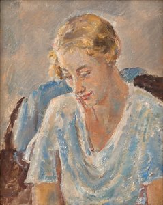 Porträtt av en kvinna i blått (olja på duk) av Ethel Walker