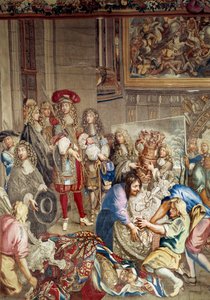 Besök av Ludvig XIV på Manufacture des Gobelins i närvaro av Jean Baptiste (Jean-Baptiste) Colbert (1619-1683) (i profil, till höger om kungen) och målaren Charles Lebrun (Le Brun) (1619-1690) ), 15 oktober av Etienne (studio of) Le Blond