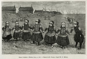 Barndanser i Marken (Nederländerna), gravyr efter en teckning av E. Ronjat, för att illustrera historien om Neerlande, av Charles de Coster, 1878, publicerad i tour du monde, under ledning av Edouard Charton av Etienne Antoine Eugene Ronjat