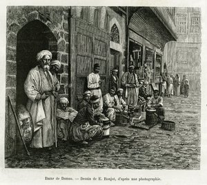 Damaskus basar. Gravyr av E.Ronjat, för att illustrera berättelsen La Syria d