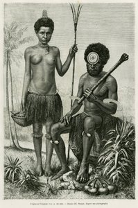 Fijian par. Gravyr av E.Ronjat för att illustrera berättelsen Promenades en Oceanie, av Aylic Marin, i le tour du monde 1887, regisserad av Edouard Charton (1807-1890), Hachette, Paris. av Etienne Antoine Eugene Ronjat