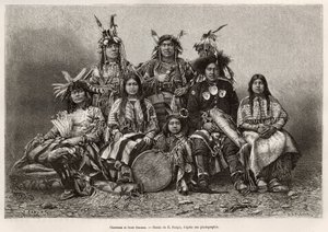 Indiska krigare och deras fruar (Texas). Gravyr efter teckningen av E.Ronjat, för att illustrera historien La conquete blanche, av William Hepworth Dixon, 1875, publicerad i "" Le tour du monde""" 1876, redigerad av Edouard Charton, Hachette-upplagan, Pari av Etienne Antoine Eugene Ronjat
