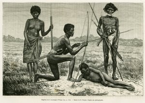 Negritos från Yriga-berget. Gravyr av E.Ronjat för att illustrera berättelsen Lucon och Palaouan, sex år i Filippinerna, av Alfred Marche (1844-1898), i le tour du monde 1886, regisserad av Edouard Charton (1807-1890), Hachette, Paris. av Etienne Antoine Eugene Ronjat