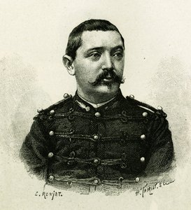 Porträtt av kapten Pietri, av sjöartilleriet, under expeditionen till Afrika 1879-1882, under befäl av Gallieni. Gravyr av E. Ronjat, från ett fotografi, för att illustrera berättelsen "Exploration du Haut Niger (Haut Niger)" (dagens Mali) av av Etienne Antoine Eugene Ronjat