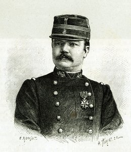 Porträtt av kapten Valliere, av sjöinfanteriet, under expeditionen till Afrika under befäl av Gallieni. Gravyr av E.Ronjat, efter ett fotografi, för att illustrera berättelsen "Exploration du Haut Niger (Haut Niger)" (nuvarande Mali) av befälhavaren av Etienne Antoine Eugene Ronjat