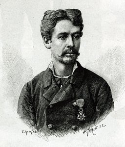 Porträtt av doktor Tautain, under expeditionen till Afrika 1879-1882, under befäl av Gallieni. Gravyr av E. Ronjat, från ett fotografi, för att illustrera berättelsen "Exploration du Haut Niger (Haut Niger)" (nuvarande Mali) av befälhavare Joseph Gallien av Etienne Antoine Eugene Ronjat