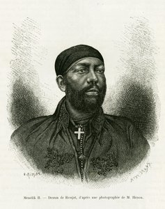 Porträtt av prins Menelik II av Etiopien (1844-1913). Gravyr av Ronjat, efter ett fotografi, för att illustrera berättelsen Voyage au Choa (Abyssinie meridionale)