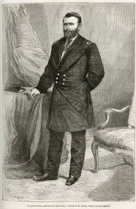 Porträtt av Ulysses Grant (1822-1885), amerikansk general, ledare för unionstrupper under utlösningskriget och USA:s 18:e president i två mandatperioder från 1869 till 1877. Gravyr efter teckningen av E.Ronjat, till illustrera sto av Etienne Antoine Eugene Ronjat