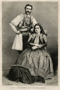 Porträtt av prinsen av Montenegro Nicholas I Petrovicz Niegosch (1841-1921) och hans fru Milena, född Voukovich (1847-1923), teckning av E.Ronjat, för att illustrera resan till Montenegro, 1874, av Charles Yriarte (1832) -1898). Gravyr i Le tour du av Etienne Antoine Eugene Ronjat