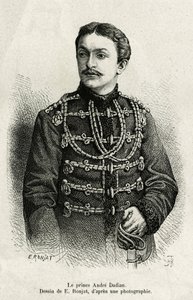 Prins Andre Dadian av Mingrelie (1850-1910), general för den ryska armén och schackmästare. Gravyr av E. Ronjat, för att illustrera berättelsen Un tour en Mingrelie (region i Georgien, som sträcker sig mellan Kaukasus och Rion), av Carla Serena, 1876-187 av Etienne Antoine Eugene Ronjat