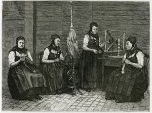 Sondernach spridare, beskrivning av de olika stadierna av spinning, hand, spindel och spindel. Gravyr av E.Ronjat, för att illustrera berättelsen "Atravers l