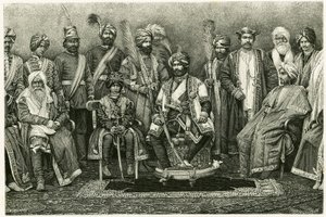 Kashmir-maharadjan, Rambhir Sing och hans hov. Gravyr av E. Ronjat, för att illustrera berättelsen "Porträtt av en parisisk kvinna i västra Himalaya", 1881, av Marie de Ujfalvy-Bourdon (Ujfalvy Bourdon). Publicerad i Tour du monde, termin 2 av Etienne Antoine Eugene Ronjat