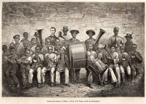 Bandet av barnen i Gabonmissionen. Gravyr efter teckningen av E. Ronjat, för att illustrera kryssningen på Afrikas kust, av viceamiral Fleuriot de Langle, 1868, publicerad i "" Le tour du monde"" 1876, redigerad av Edouard Charton, Hachet av Etienne Antoine Eugene Ronjat