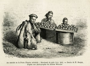 Brödhandlaren, vid foten av den orientaliska blomsterporten i det kejserliga palatset i Pekin, en aktuell scen i vardagen. Gravyr efter teckningen av E.Ronjat, för att illustrera resan till Pekin och norra Kina, av T.Choutze, 1873, publicerad i av Etienne Antoine Eugene Ronjat