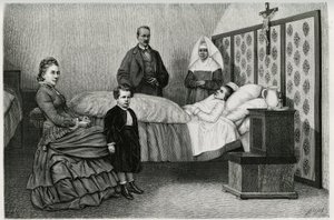 Läkarkonsultationen på Logelbach hospice. Gravyr av E.Ronjat, för att illustrera berättelsen "Genom Alsace och Lorraine", 1884, av Charles Grad (1842-1890), tysk deputerad, författare och naturforskare. Publicerad i Le Tour du monde, nouveau journal d av Etienne Antoine Eugene Ronjat