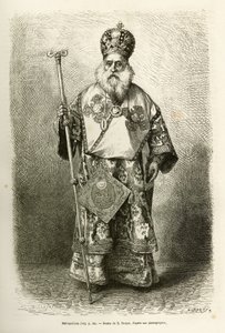 Metropolitan eveque av den nya katedralen i Aten. Gravyr efter teckningen av E. Ronjat, för att illustrera resan till Grekland, av Henri Belle, 1861-1868-1874, publicerad i "" Le tour du monde""" 1876, redigerad av Edouard Charton, Hachette-upplagan, av Etienne Antoine Eugene Ronjat