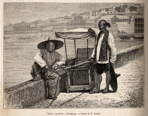 Två bärare i vila bredvid sin rullstol i Hong Kong, graverade efter en teckning av E. Ronjat som illustrerar resan till Kina, av J. Thompson, 1870-1872, publicerad i "" Le tour du monde""" 1875, redigerad av Edouard Charton, Hachette-upplagan, Paris. S av Etienne Antoine Eugene Ronjat