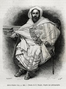 porträtt av Abd El Kader (1808-1883) algerisk emir och sultan, sufiteolog, politiker och militärt motstånd mot den franska kolonialarmén, även författare, poet och filosof. Gravyr av E. Ronjat, för att illustrera historien La Syria d