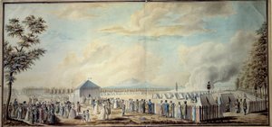 Franska revolutionen: ""Militärläger vid School of Mars för den republikanska arméns framtida chefer"" Akvarell av Etienne Bericourt (1700-talet) 1794 Paris, B.N.