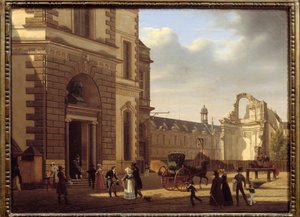 Ingången till Louvren och ruinerna av Saint Louis du Louvren. Utsikt över Paris. Målning av Etienne Bouhot (1780-1862)