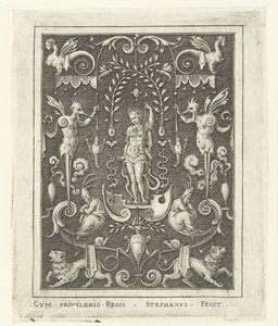 Apollo Ytdekorationer med gudafigurer i en ram av grotesker (senare version) (serietitel) av Etienne Delaune