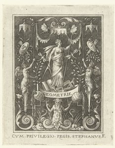 Geometri GEOMETRY (titel på objekt) Fyra liberala konster, perspektivet och arkitekturen, representerade av kvinnor (senare version) (serietitel) av Etienne Delaune