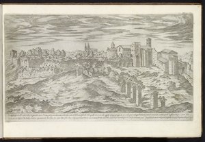 Monte Celio i Rom Bouwwerken uit de oudheid (serietitel) Resterna från Roms antiken samlade och porträtt i perspektiv av Stefano Du Perac Parisino (serietitel på objekt) av Etienne Duperac