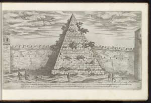 Pyramid av Cestius i Rom Bouwwerken uit de oudheid (serietitel) Resterna av det antika Rom samlade och fotograferade i perspektiv av Stefano Du Perac Parisino (serietitel på objekt) av Etienne Duperac