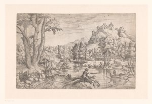 Landskap med fiskare och slott på bergstoppen av Etienne Dupérac (attributed to)