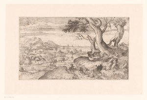 Landskap med en kvinnlig satyr som matar ett satyrbarn av Etienne Dupérac (attributed to)