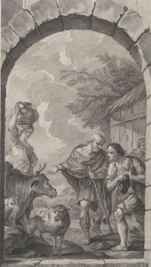 The Chapel of the Foundlings i Paris: Grupp av herdar framför en stuga, 1757. av Etienne Fessard