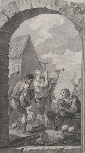 The Chapel of the Foundlings i Paris: Grupp av herdar: trumpetspelare och m..., 1754. av Etienne Fessard